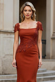 Maxi Rust Satin Mermaid Square Neck Mother of the Bride Dress with Appliques