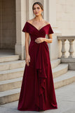 A Line Maxi Burgundy V-Neck Satin Mother of the Bride Dress with Ruffles