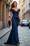 Sparkly Navy Mermaid Off the Shoulder Maxi Mother of the Bride Dress