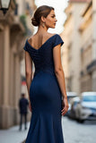 Sparkly Navy Mermaid Off the Shoulder Maxi Mother of the Bride Dress
