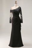 Sparkly Black Sheath One Shoulder Long Sleeves Mother of the Bride Dress