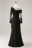 Sparkly Black Sheath One Shoulder Long Sleeves Mother of the Bride Dress