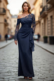 Sparkly Black Sheath One Shoulder Long Sleeves Mother of the Bride Dress