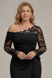 Sparkly Black Sheath Plus Size One Shoulder Long Sleeves Mother of the Bride Dress