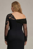 Sparkly Black Sheath Plus Size One Shoulder Long Sleeves Mother of the Bride Dress