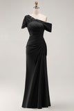 Black Sheath One Shoulder Maxi Mother of the Bride Dress with Sequins
