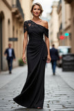 Maxi Black Sheath One Shoulder Ruched Mother of the Bride Dress with Appliques