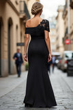 Maxi Black Sheath One Shoulder Ruched Mother of the Bride Dress with Appliques