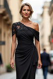 Maxi Black Sheath One Shoulder Ruched Mother of the Bride Dress with Appliques