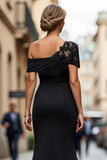 Maxi Black Sheath One Shoulder Ruched Mother of the Bride Dress with Appliques