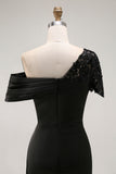 Black Sheath One Shoulder Maxi Mother of the Bride Dress with Sequins