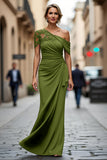 Maxi Black Sheath One Shoulder Ruched Mother of the Bride Dress with Appliques