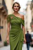 Maxi Black Sheath One Shoulder Ruched Mother of the Bride Dress with Appliques