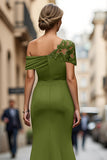 Maxi Black Sheath One Shoulder Ruched Mother of the Bride Dress with Appliques