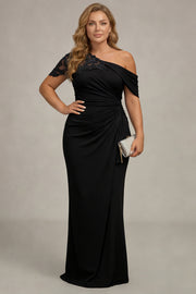 Plus Size Black Sheath One Shoulder Maxi Mother of the Bride Dress with Sequins