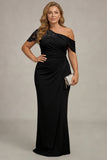 Maxi Black Sheath One Shoulder Ruched Mother of the Bride Dress with Appliques