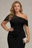 Maxi Black Sheath One Shoulder Ruched Mother of the Bride Dress with Appliques
