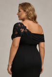 Maxi Black Sheath One Shoulder Ruched Mother of the Bride Dress with Appliques