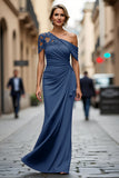 Maxi Black Sheath One Shoulder Ruched Mother of the Bride Dress with Appliques