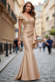 Sparkly Navy Satin Mermaid Maxi Mother of the Bride Dress with Drape