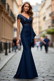 Sparkly Navy Satin Mermaid Maxi Mother of the Bride Dress with Drape