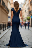 Sparkly Navy Satin Mermaid Maxi Mother of the Bride Dress with Drape