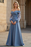 A Line Dusty Blue Satin Ruched Mother of the Bride Dress with Sleeves