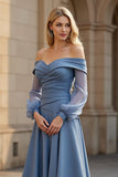 A Line Dusty Blue Satin Ruched Mother of the Bride Dress with Sleeves