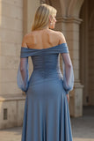 A Line Dusty Blue Satin Ruched Mother of the Bride Dress with Sleeves
