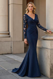 Navy Mermaid Ruched Long Sleeves Mother of the Bride Dress with Lace