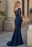 Navy Mermaid Ruched Long Sleeves Mother of the Bride Dress with Lace