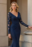 Navy Mermaid Ruched Long Sleeves Mother of the Bride Dress with Lace