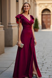 Burgundy A Line V-Neck Ruffled Maxi Mother of the Bride Dress with Slit