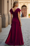 Burgundy A Line V-Neck Ruffled Maxi Mother of the Bride Dress with Slit