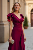Burgundy A Line V-Neck Ruffled Maxi Mother of the Bride Dress with Slit