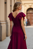 Burgundy A Line V-Neck Ruffled Maxi Mother of the Bride Dress with Slit