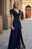 Burgundy A Line V-Neck Ruffled Maxi Mother of the Bride Dress with Slit