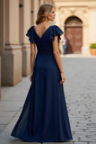 Burgundy A Line V-Neck Ruffled Maxi Mother of the Bride Dress with Slit