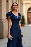 Burgundy A Line V-Neck Ruffled Maxi Mother of the Bride Dress with Slit