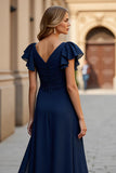 Burgundy A Line V-Neck Ruffled Maxi Mother of the Bride Dress with Slit