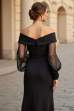 Maxi A Line Black Off the Shoulder Mother of the Bride Dress with Sleeves