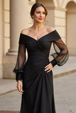 Maxi A Line Black Off the Shoulder Mother of the Bride Dress with Sleeves