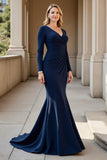 Mermaid Navy V-Neck Ruched Maxi Mother of the Bride Dress with Sleeves