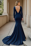 Mermaid Navy V-Neck Ruched Maxi Mother of the Bride Dress with Sleeves