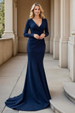 Mermaid Navy V-Neck Ruched Maxi Mother of the Bride Dress with Sleeves