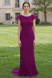 Grape Sheath Satin Cap Sleeves Mother of the Bride Dress