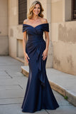 Mermaid Navy Ruched Maxi Mother of the Bride Dress with Ruffles