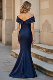 Mermaid Navy Ruched Maxi Mother of the Bride Dress with Ruffles