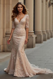 Champagne Mermaid Half Sleeves Lace Maxi Mother of the Bride Dress