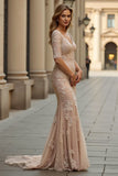 Champagne Mermaid Half Sleeves Lace Maxi Mother of the Bride Dress